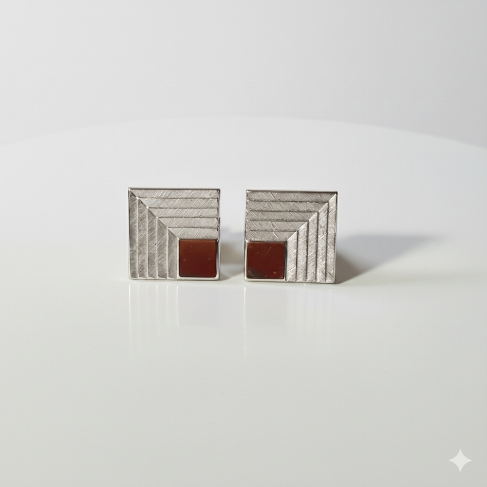 Swank Cufflinks Silver Tone Geometric Stepped Polished Brushed Textured Button